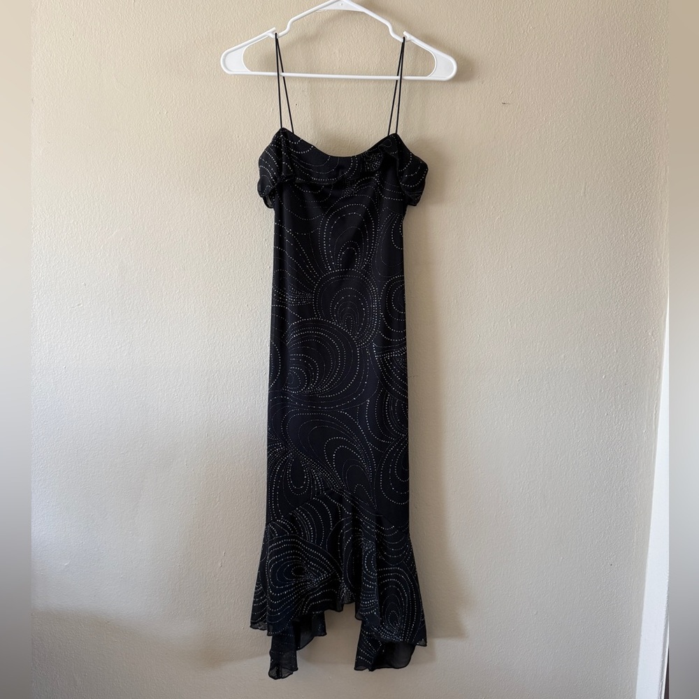 Vintage 90s Byer Too! Black Asymmetrical Ruffle Hem Glitter Slip Dress Size M